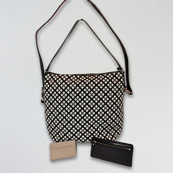 Kate Spade Shoulder Bag/ Wallet & Card Holder Set Canvas Stripe Black/White W OS - Picture 3 of 9